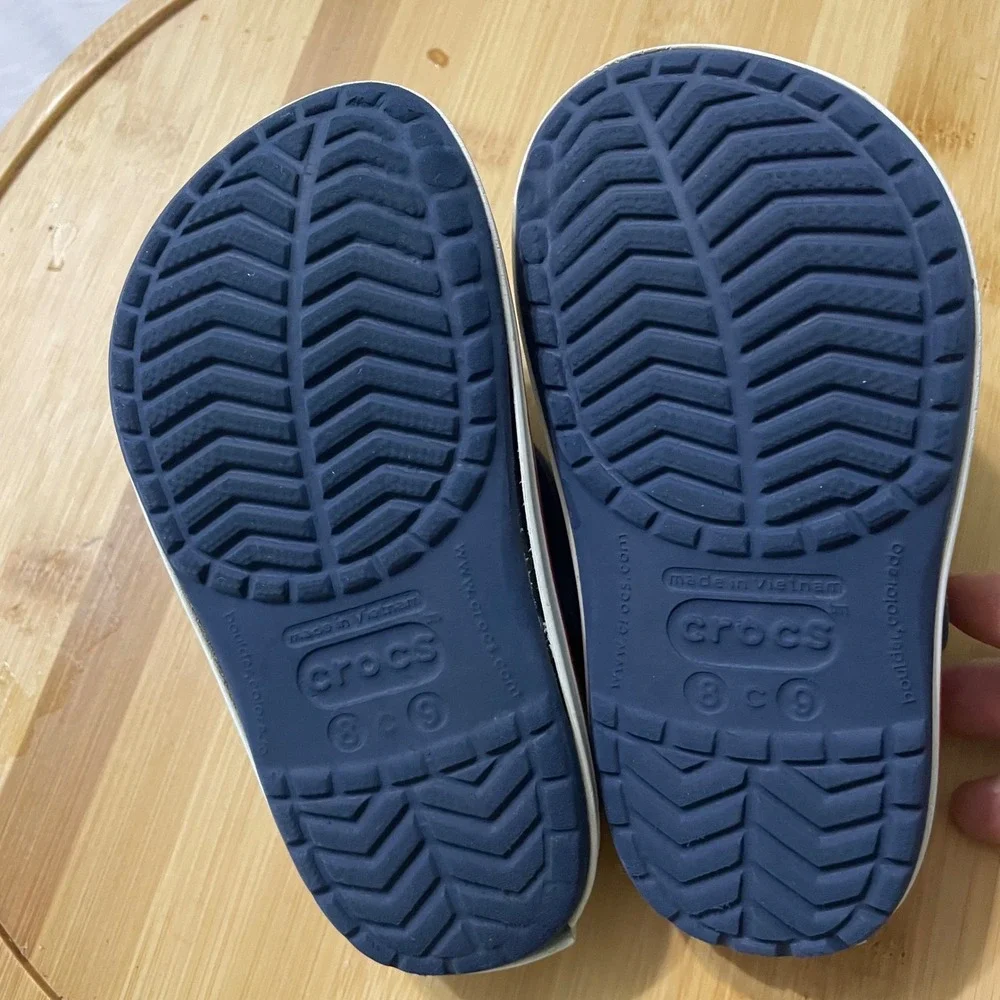 Crocs Clogs Kids Size 8-9 Navy Blue Crocband Sporty Racing Stripe Slip On Shoes